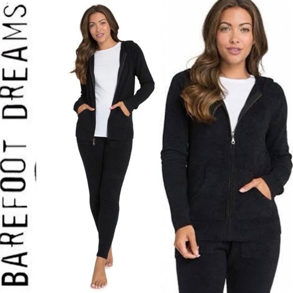Barefoot Dreams CozyChic Relaxed Zip Up Pocket Hoodie Fuzzy Jacket Black 515 M - Picture 2 of 14